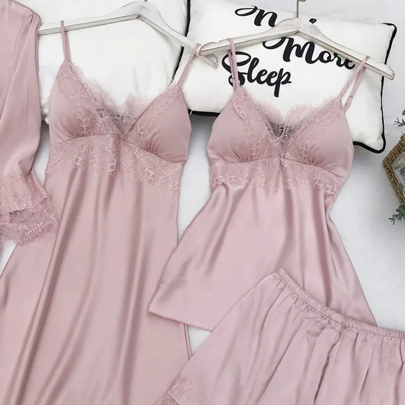 Women Pajamas Five Piece Set Spring Summer Sleepwear Nightgown Sexy Lace Bath Robe Gown Loose Silk Satin Home Wear Loungewear