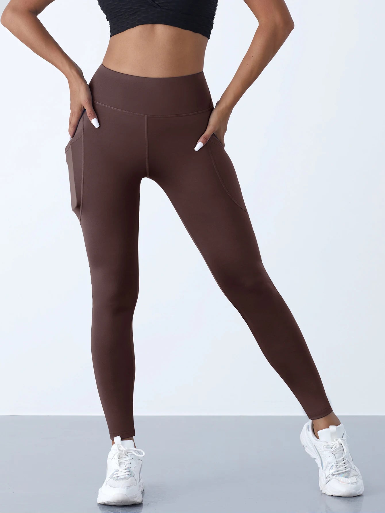 Solid Color Side Pockets Leggings For Women High Waist Sportswear Cycle Yoga Pants Push Up Fitness Leggings