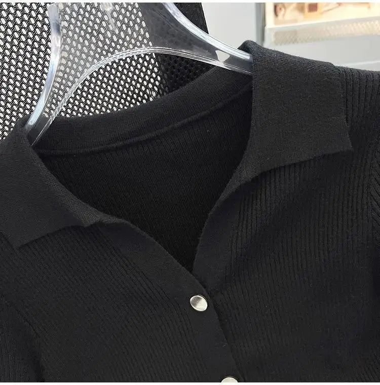 Knitted Polo Shirt  Women's Summer Cardigan Short Sleeve T-Shirt Casual Fashion Short Sleeve Tops Knitwear 2025 Korean Clothing