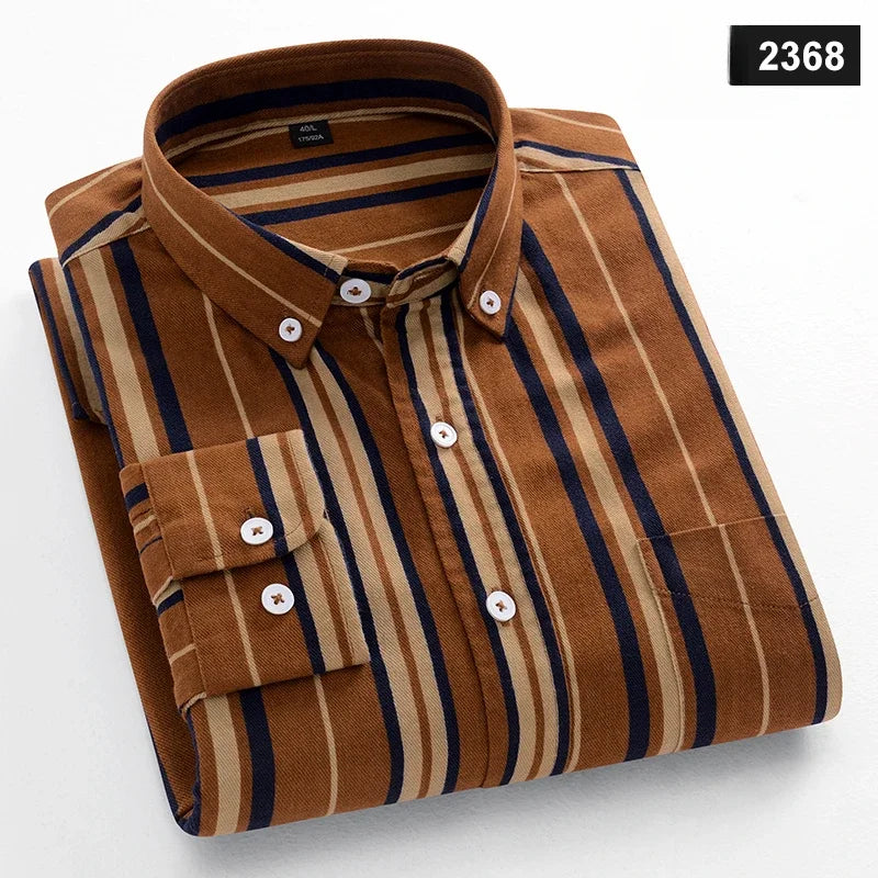 Fashion korean trends casual long-sleeve shirts for men slim fit plain shirt 100%cotton plaid striped tops soft designer clothes