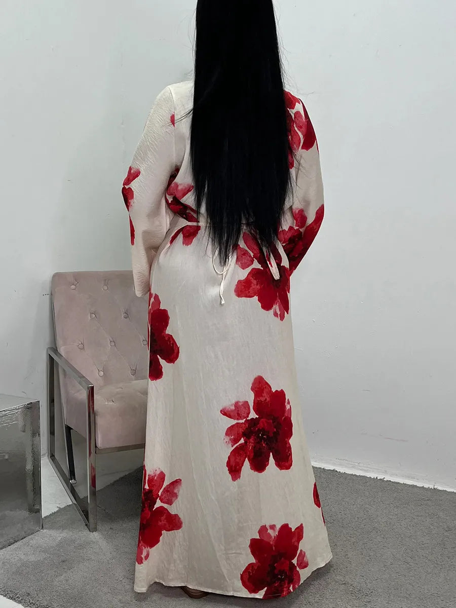 Women Arabic Eid Muslim Dubai Abaya Dress Luxury Fashion Flower Print Long Dress Kaftan Robe Femme African Islam Clothing Kebaya