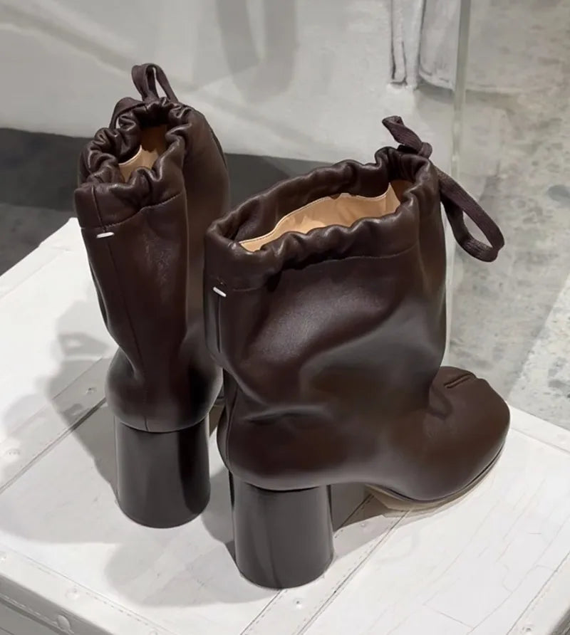 Street Style Fashion Split Toe Women Mid-calf Boots Autumn Winter Genuine Leather Tabi High heels Modern Chunky Booties Shoes