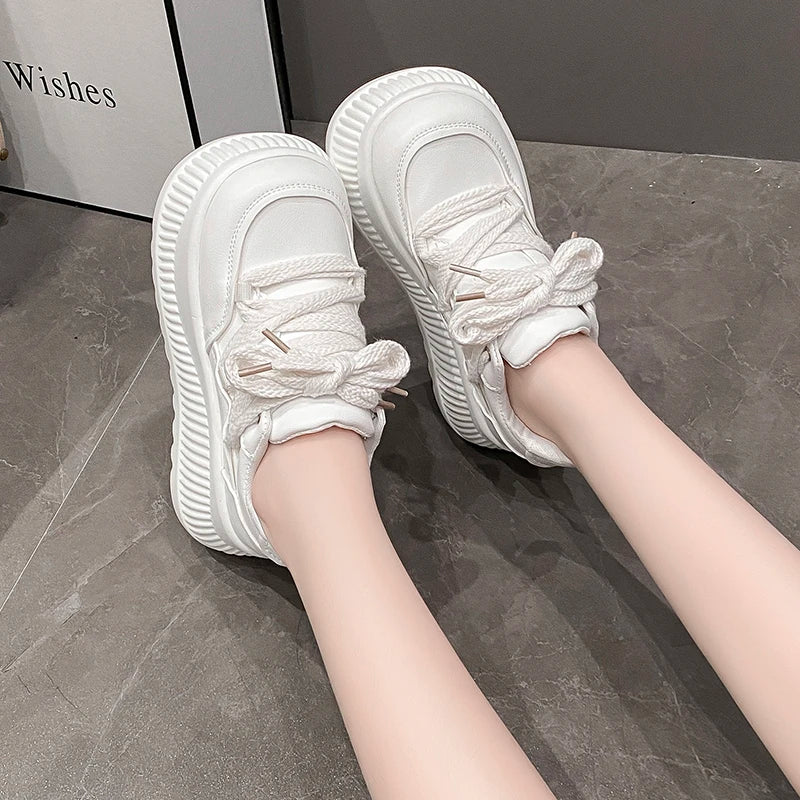8.5CM New Synthetic Microfiber Leather Women Platform Wedge Ladies Chunky Sneakers 2024 High Brand Fashion Vulcanize Pumps Shoes