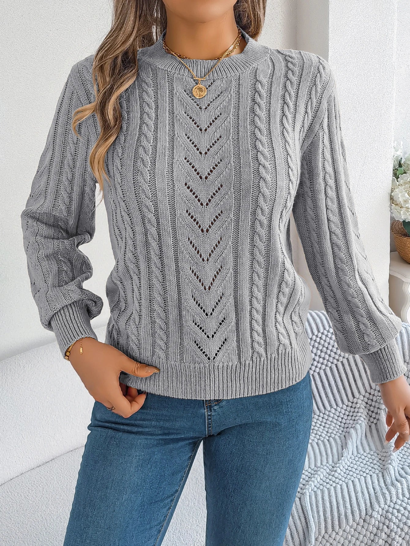 Autumn and Winter Casual Solid Color O-Neck Hollow Out Long Sleeved Pullover Sweater BAZAARHUBO