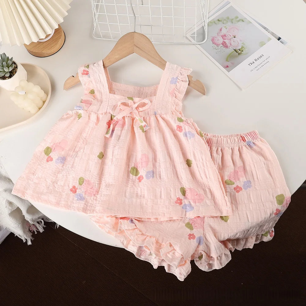 2026 Summer Girls Casual Clothes Set Strap Dress Top Floral Print Shorts Outfits Skin Friendly Playwear 2-8Y Kids Suits