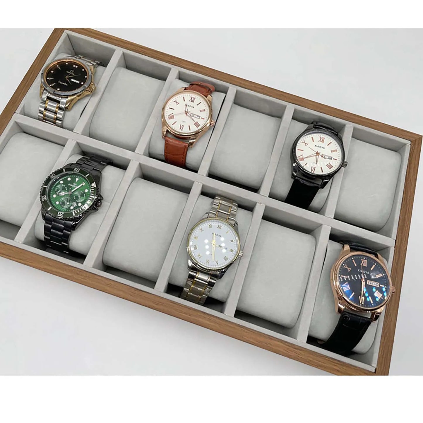 12 Slots Walnut Grain Wood Watch Storage Display Box Wristwatch Organizer Display Tray Watches Holder with Pillows Gift Cases