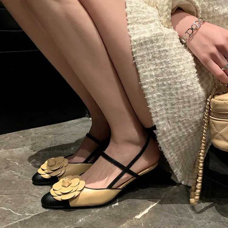 NEW Summer Women Sandals Split Leather Shoes for Women Round Toe High Heel Modern Sandals Flower Slingback Mixed Colors Shoes
