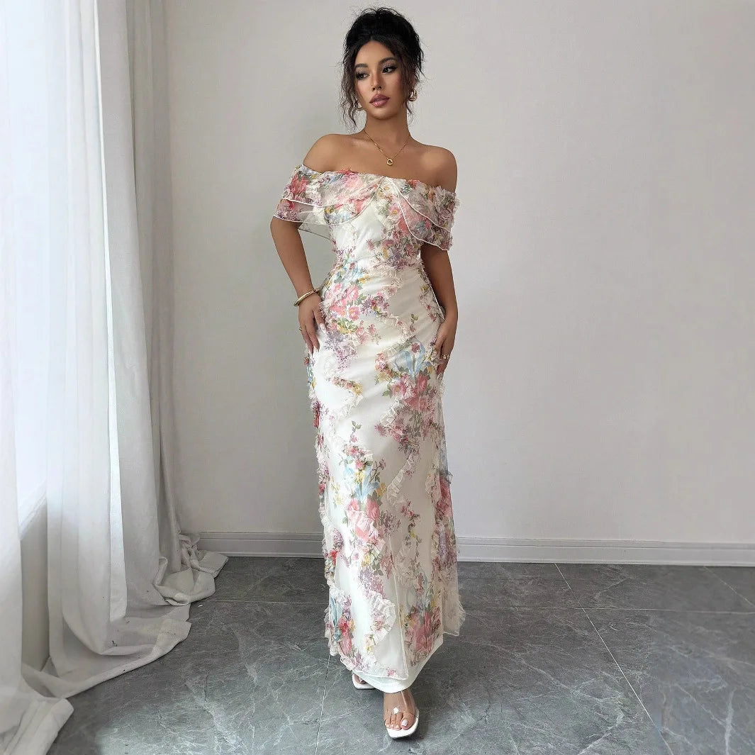 Women's Dresses Elegant and Romantic Ruffled Dress Ladies Sexy Off-the-Shoulder Fitted Mesh Floral Dress Party Gown for Female