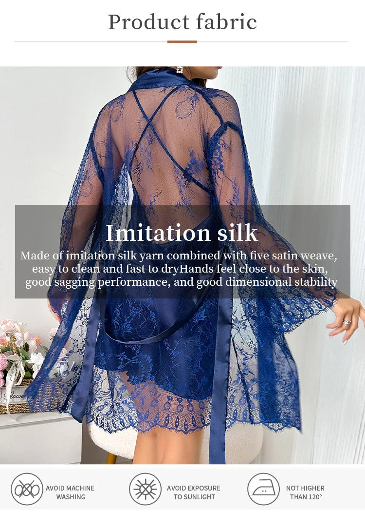 White Silk Satin Bride Wedding Robe Dress Nightgown Set Sexy Perspective Lace Bathrobe Nightdress Lingerie Loose Casual Homewear