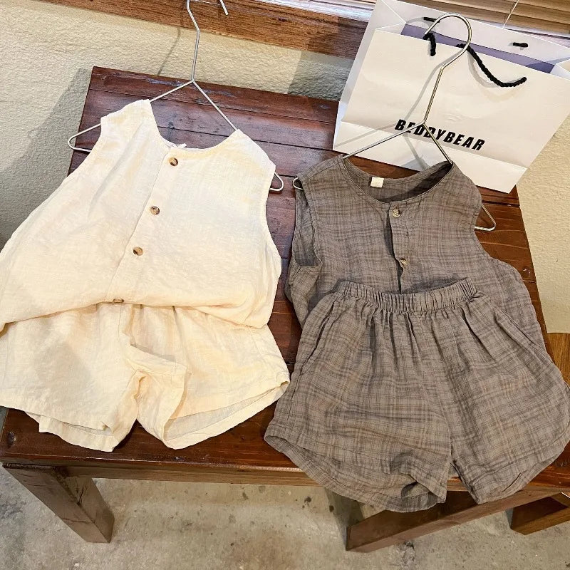 2026 Summer Kids Clothing Set Boys Vest and Shorts 2 Pcs Suit Korean Style Casual Girls Clothes Set Unsex Children Outfit