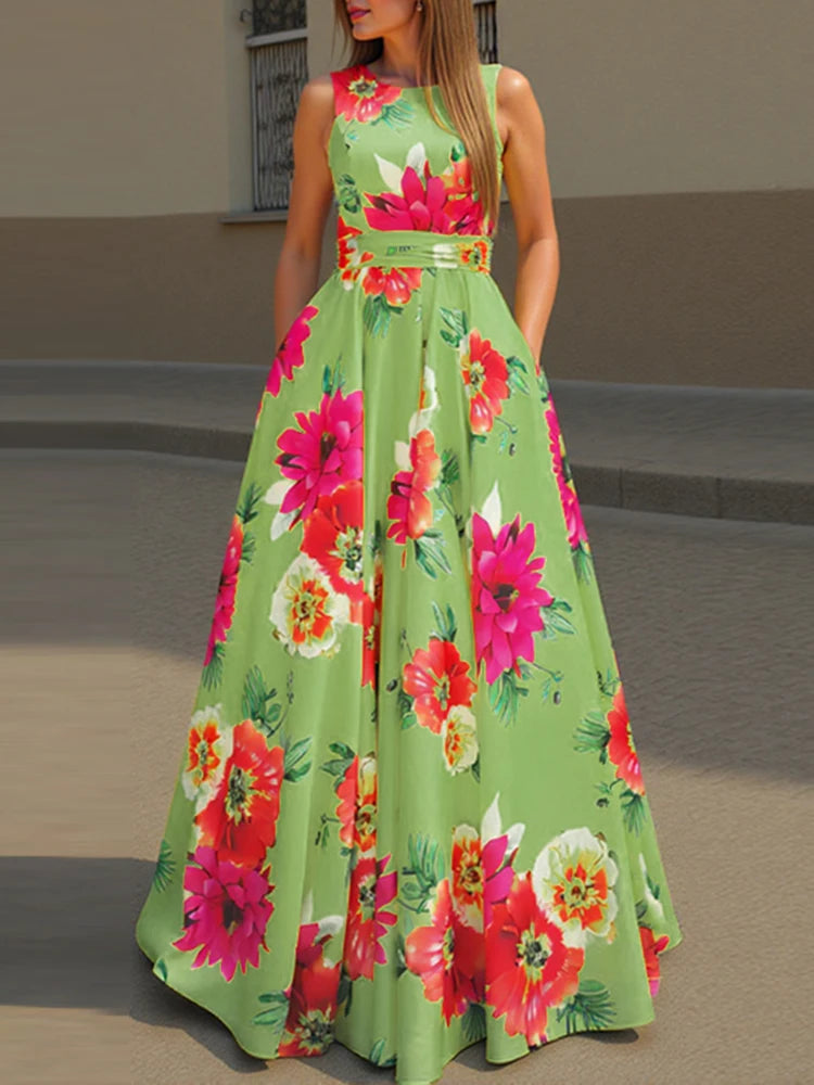 ZANZEA Women Floral Printed Bohemian Sundress 2026 Summer Tank Dress Fashion Sleeveless Waisted Robe Casual Party Maxi Dresses