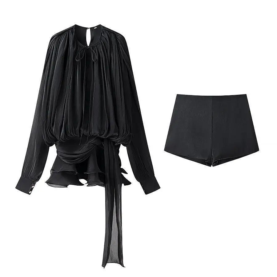 Dress Set Sweet Women Top Elegant Lantern Yarn Dress Women Spring New Short Waist Cinched Irregular Ruffle Edge Tie 9D6O