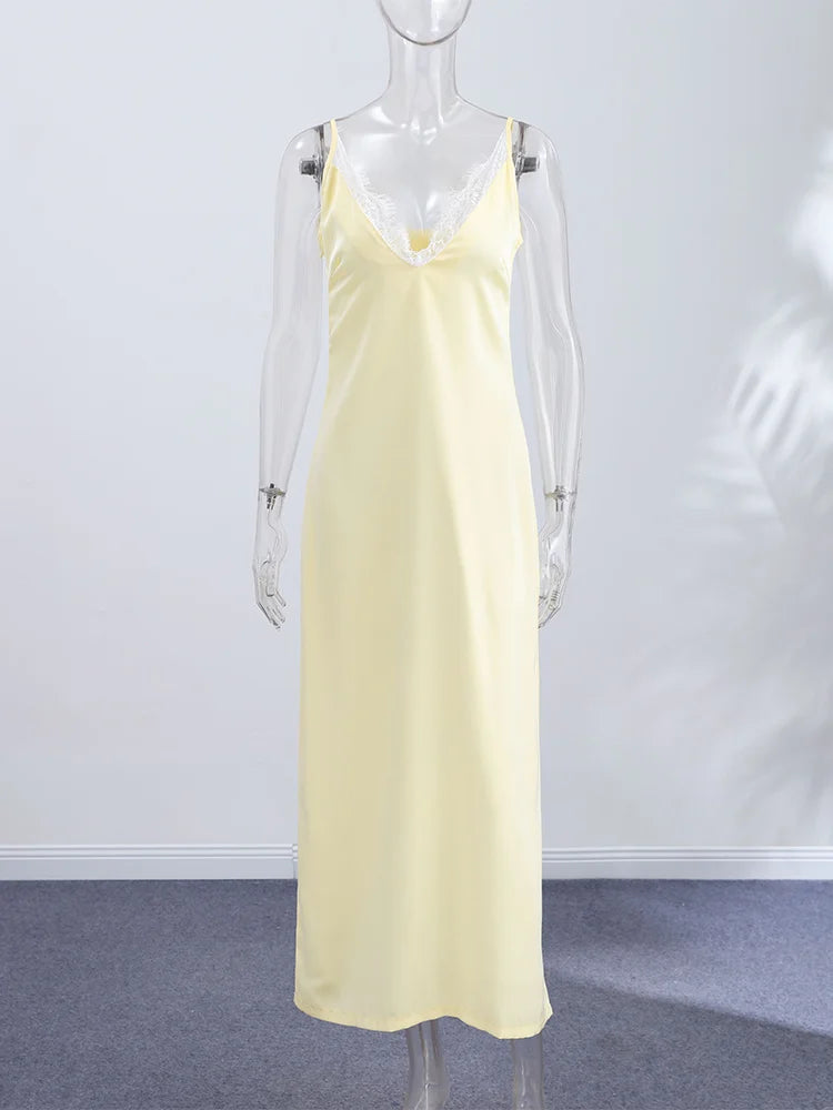 Summer Satin Lace Spliced Long Dress Women V Neck Sleeveless Waist Cinching Strap Dresses 2026 Lady Casual Solid Party Robe
