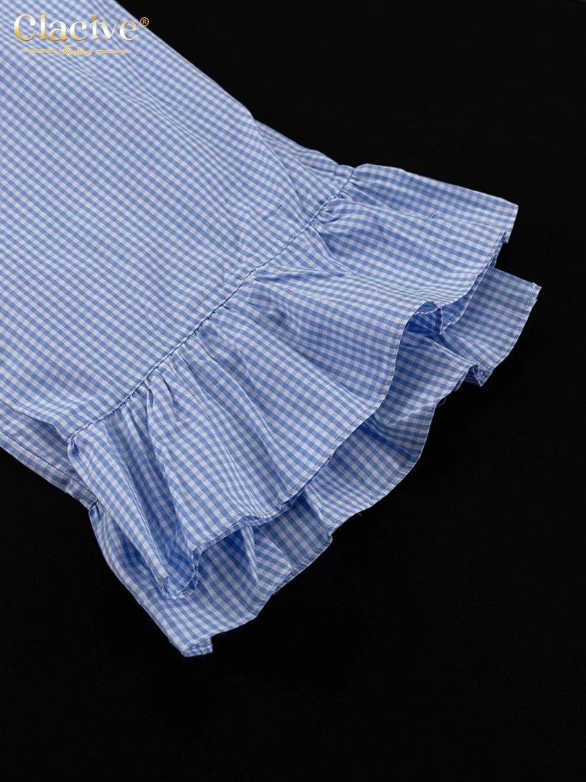 Clacive Fashion Loose Plaid Cotton Women's 3 Pieces Set 2025 Elegant Long Sleeve Shirt With High Wiast Wide Pants Set Female