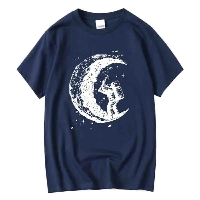 Men's High Quality 100% Cotton Moon Print Casual Summer Cool Short Sleeve Men Tshirt Loose t-shirt Male Tee Shirts Male Tee Tops