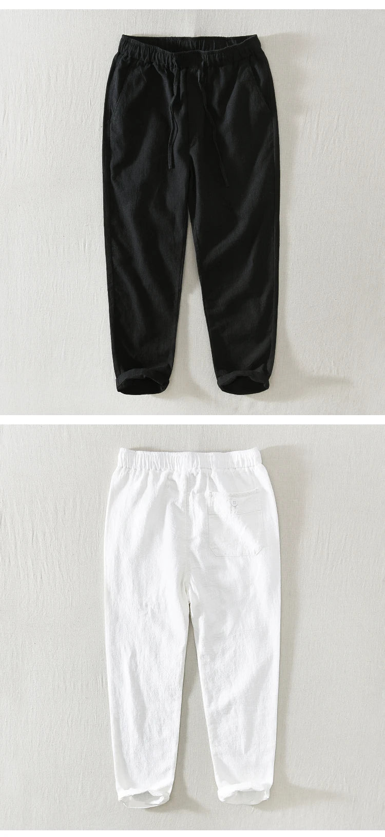 Summer Thin Cotton Linen Straight Leg Casual Pants Men's Loose Fit Drawstring Elastic Waist Nine Point Pants Breathable Youth...