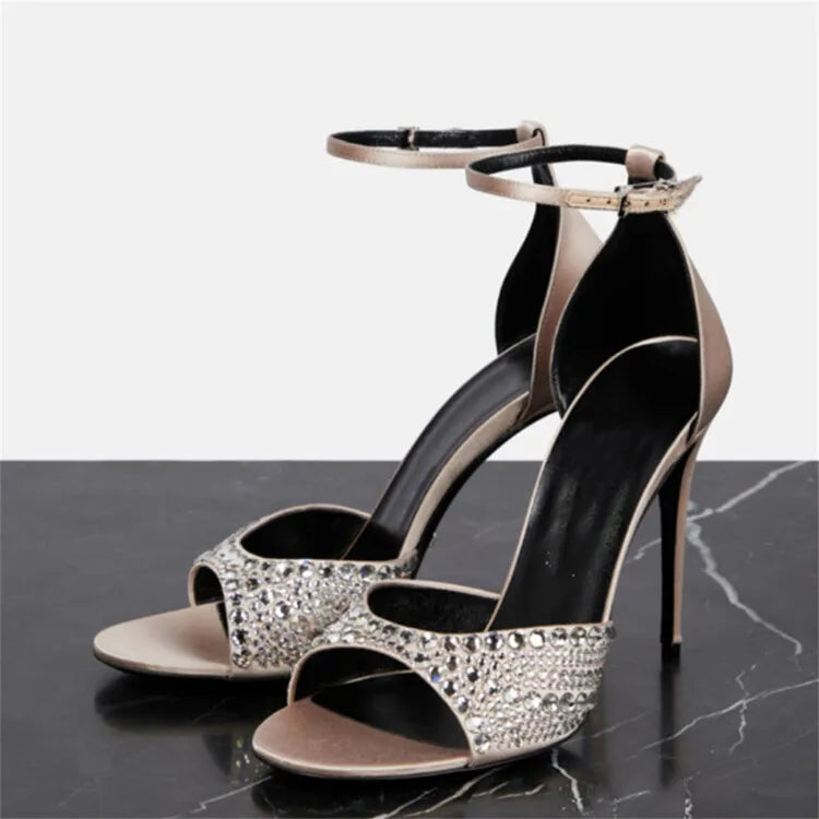Summer 2023 Internet Celebrity Rhinestone Open Toed Sandals Fashion Round Toe Slim Heel Sandals Sexy Wrapped Party Sandals 35-43