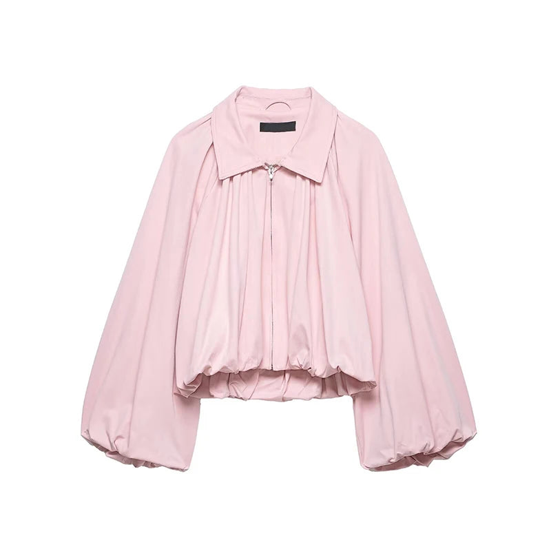 YENKYE New 2026 Women Pink Puff Sleeve Pleated Bomber Jacket Front Zipper Casual Loose Crop Coat