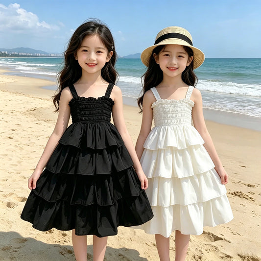 2026 Summer Girls Tiered Dress Sleeveless Strap Sundress Kids Ruffle Layered Casual Beach Party Princess Dress for 3-12 Years
