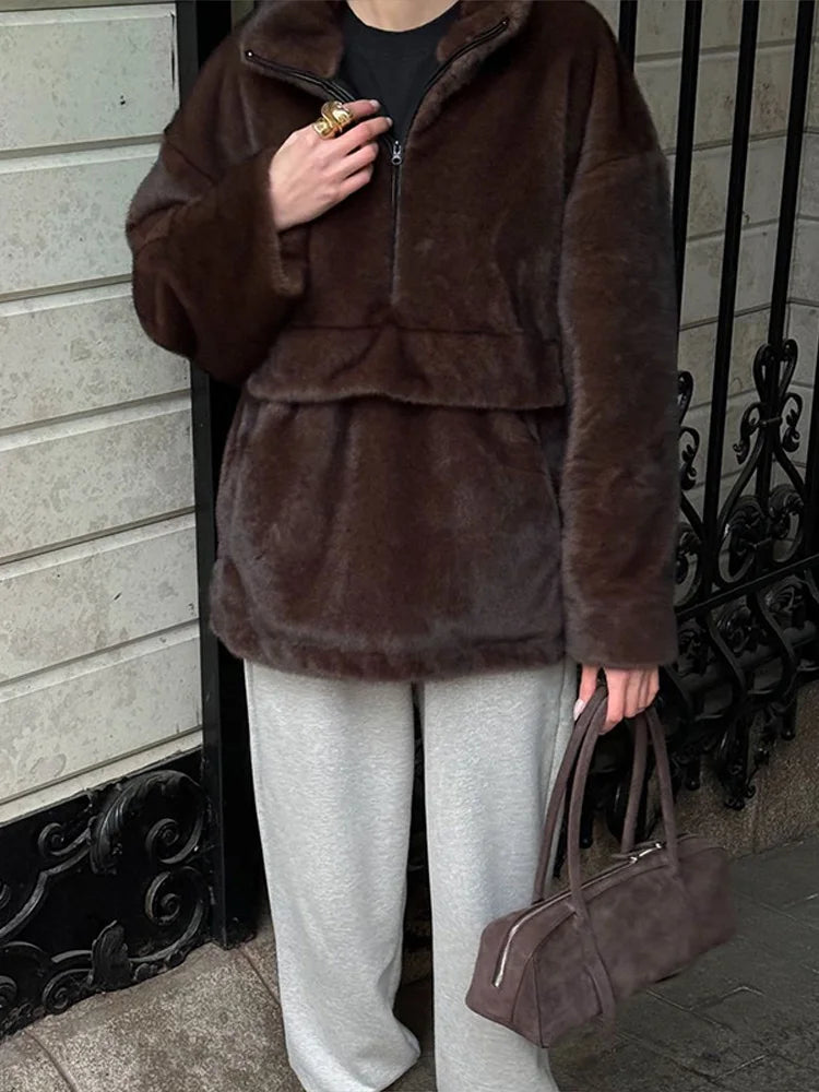 Luxury Faux Fur Hooded Pullovers Women's Loose Full Sleeve Stand Collar Pocket Coats 2025 New Autumn Winter Ladies Solid Outwear