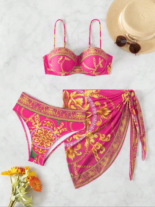 Summer Beach Vacation Chain Print Wrap Dress Bikini Swimwear Three-Piece Set for Women