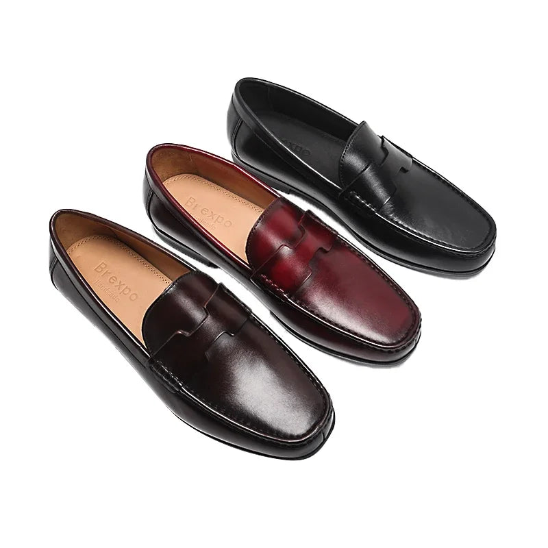 Men's High-End Genuine Leather Loafers Comfortable Flat Casual Glossy Wine Red Handmade Office Banquet Shoes