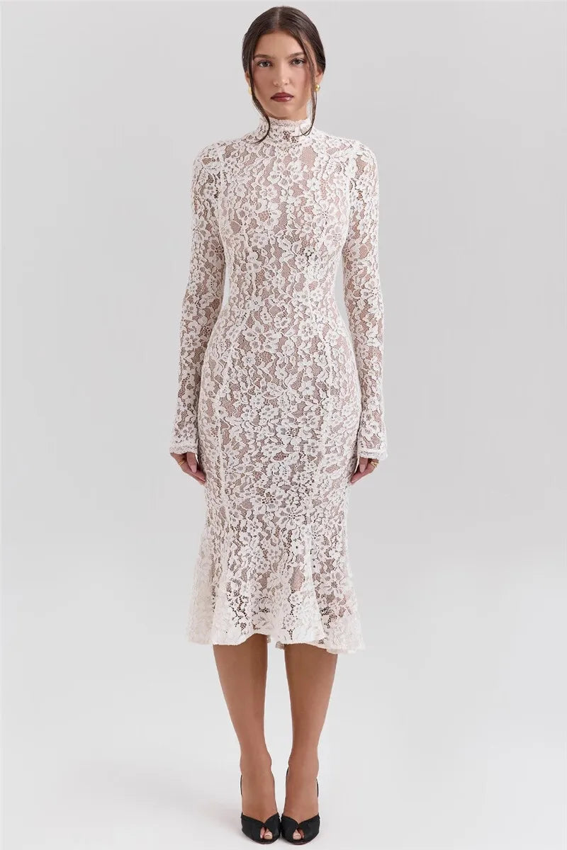 Mozision Lace Long Sleeve Sexy Midi Dress For Women Elegant White Half High Collar High Waist Bodycon Club Party Sexy Long Dress
