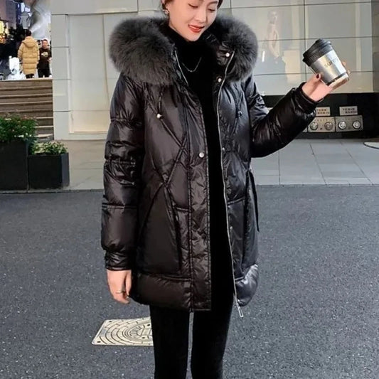 Black Down cotton Jacket Women's 2025 New Korean version Thick fur collar Loose Wash free Winter Coat Female Warm Parka Overcoat