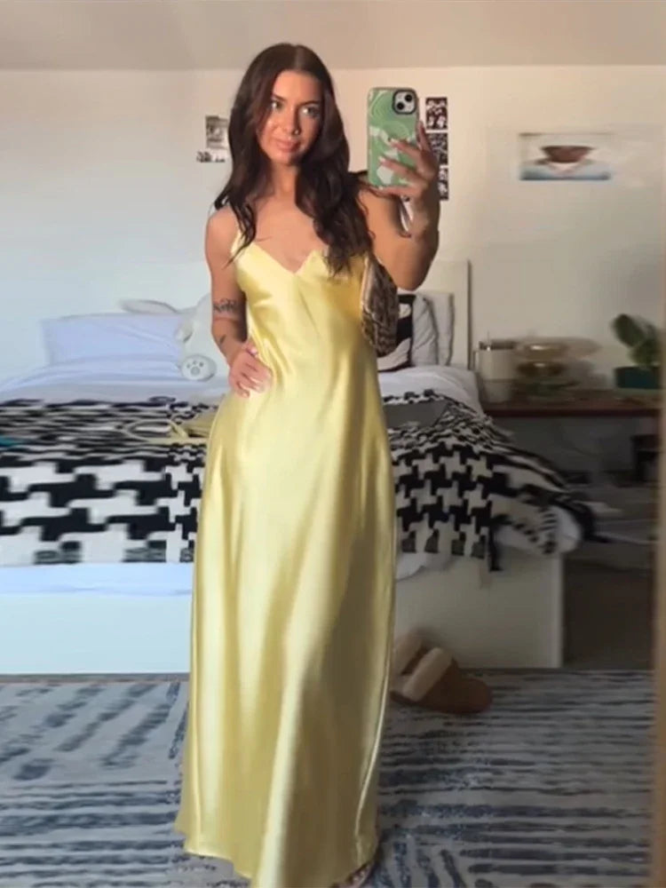 Satin Sexy Lace Spliced Maix Sling Dress Women Sleeveless Backless Yellow Vacation Vestidos 2026 Fashion Summer Lady Dresses﻿