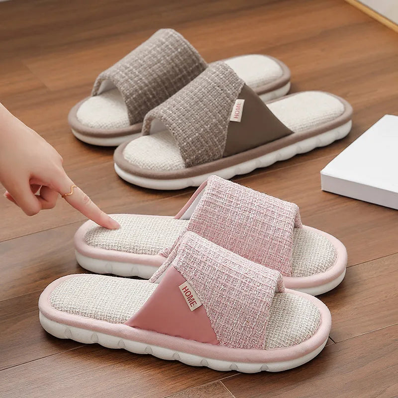 Couples Home Linen Slippers Women Indoor Soft Comfortable Bedroom Slides Men Leisure Non Slip House Shoes Platform Cotton Flats