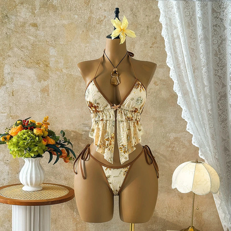 Swimwear Bathing Suit 2026 Bikini Women Halter Neck Bikinis Tie Side Shiny Sequin Two Piece Swimsuit Sexy Deep V Swim Bikini Set