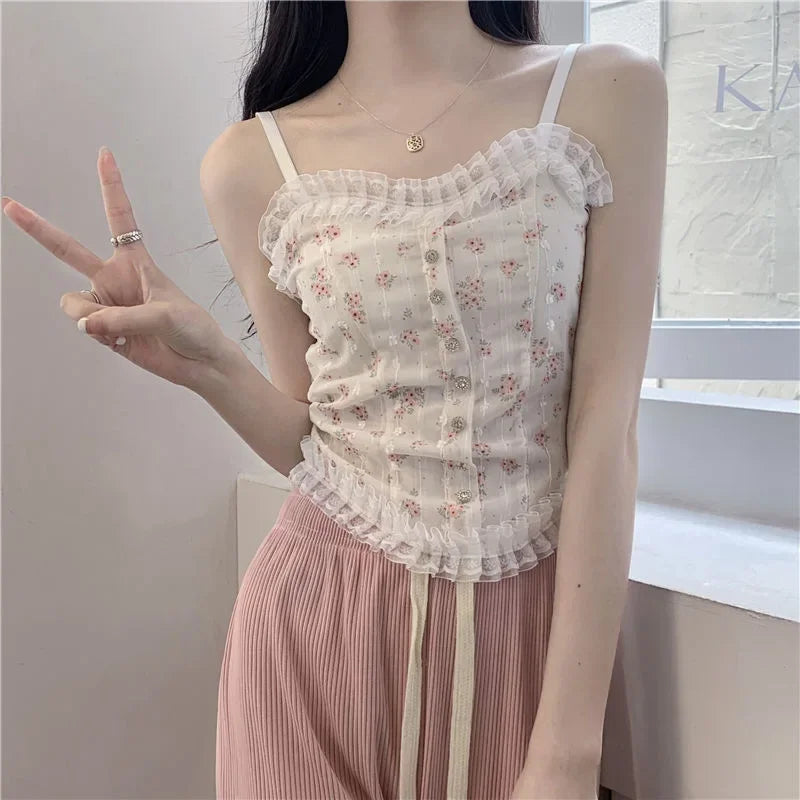 Korean Women Lace Tank Tops Back-beautiful Underwear Summer Floral Tube Tops French Wood Ear-hem Camisole ropa de mujer