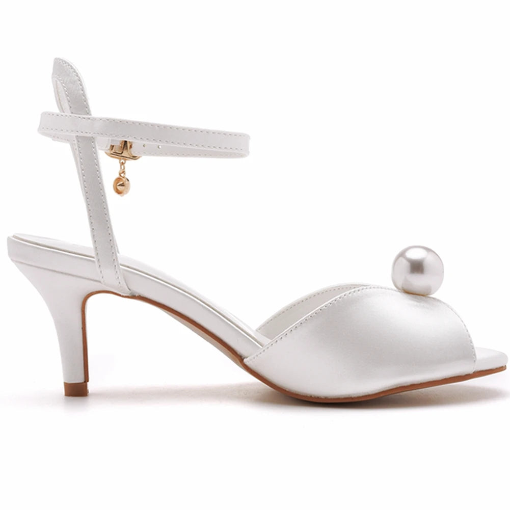 Crystal Queen Banquet Dress Sandal White Silk Pearl Lady Wedding Shoes Women Stiletto Open Toe 6CM High Heels