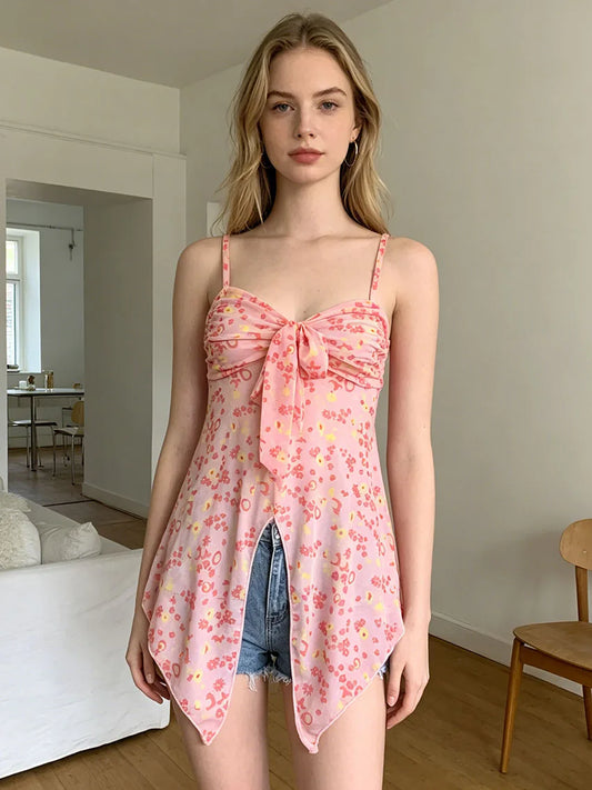 Kawaii Floral Print Sleeveless Cami Top For Women Front Tie Bust Shirring Asymmetrical Adjustable Thin Straps Y2K Streetwear Top