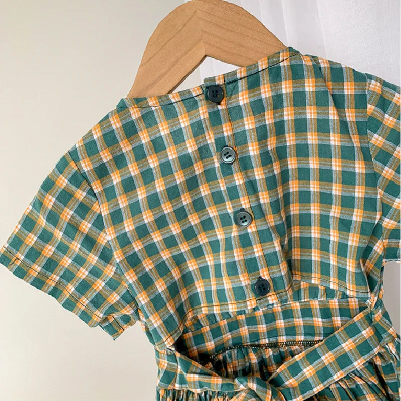Summer Casual Baby and Girls Cotton Plaid Single-Breasted Short-Sleeved Lace Up Back Dress Kids Lovely Outfit Clothing 2-8 Years