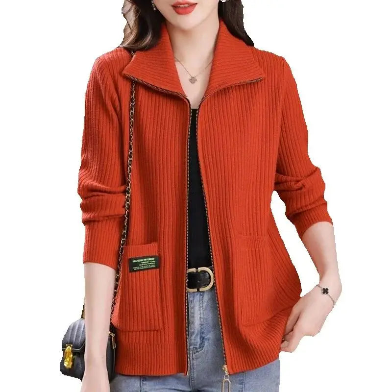 Knitted Cardigan Jacket Women Zipper Lapel Sweater Autumn Winter Outerwear