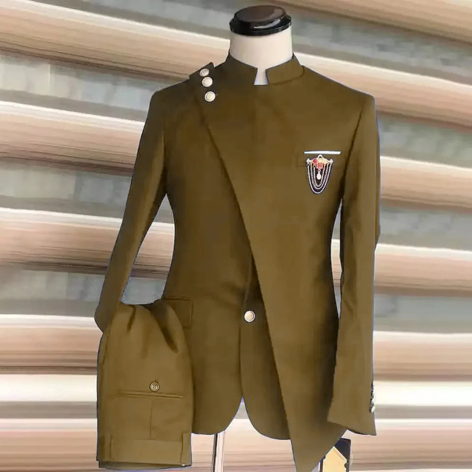 Men Blazer Suits 2 Piece Set Party Coat Straight Pants Ensemble Stand Collar Buttons Trousers Suit Jacket Outfits Autumn 2025