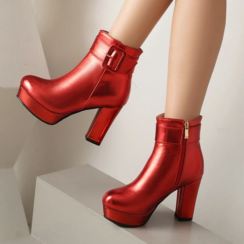 Luxury Women's Ankle Boots High Heels Platform Short Boot Zipper Gold Silver Pink Red Party Dance Shoes Female Large Size 45 48