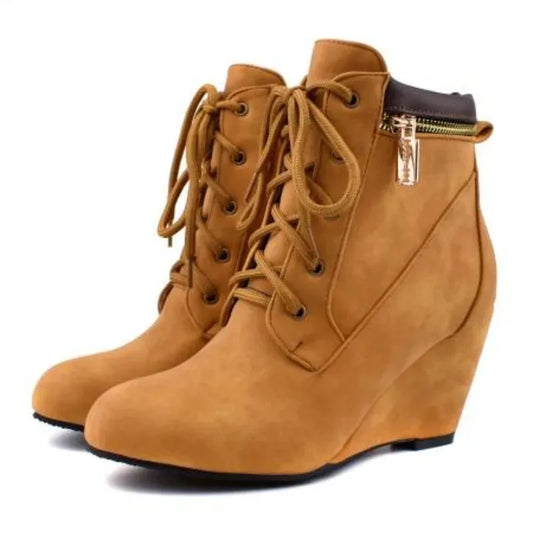 Winter Women Snow Boots Round Toe Lace Up Casual Wedge Ankle Boots for Women Shoes High Heels Women Motorcycle Boot Large Size