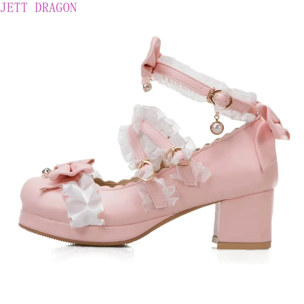 2025 Women High Heels Cross Strap Mary Jane Pumps Party Wedding White Pink Black Ruffles Bow Princess Cosplay Lolita Shoes 41