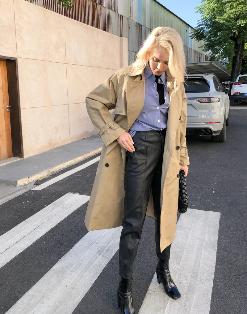 UK Brand new Fashion 2024 Fall /Autumn Casual Double breasted Simple Classic Long Trench coat with belt Chic Female windbreaker