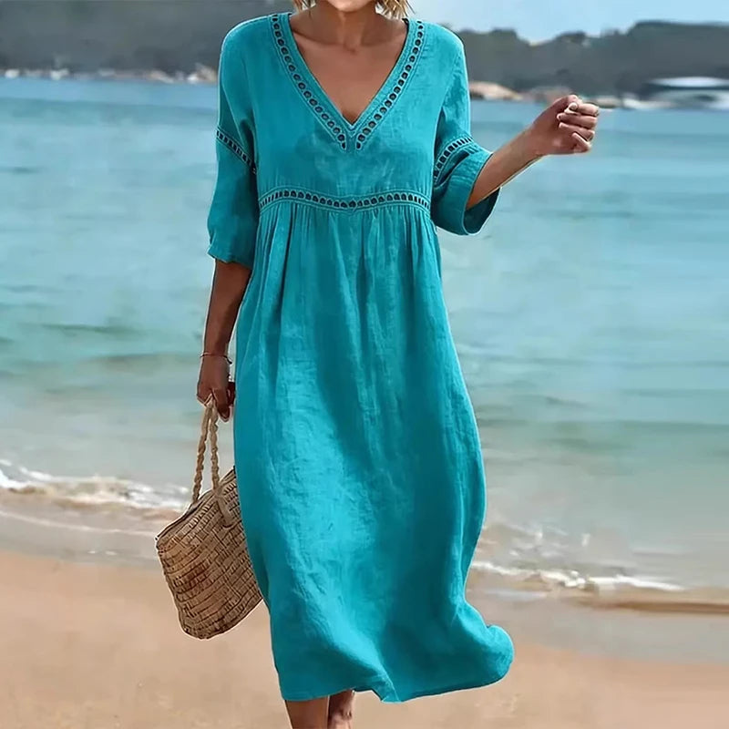 Summer V Neck Half Sleeve Loose Beach Holiday Dress Women Casual Hollow Out Design Solid Color A-line Midi Dress Boho