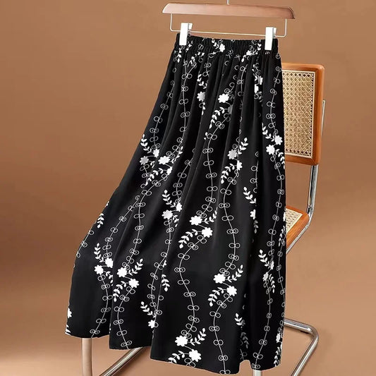 Summer Skirt Womens Chiffon Skirts Vintage Fashion Floral Printed Elastic High Waist Casual Midi A-Line Beach Skirts