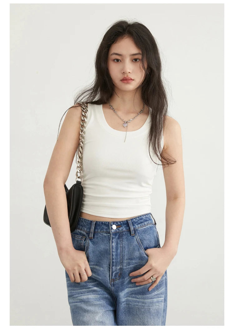 CHIC VEN Women Tanks New Solid Color Tees U-neck Pleated Vest Suspender Sleeveless Slim Female Top Spring Summer 2024