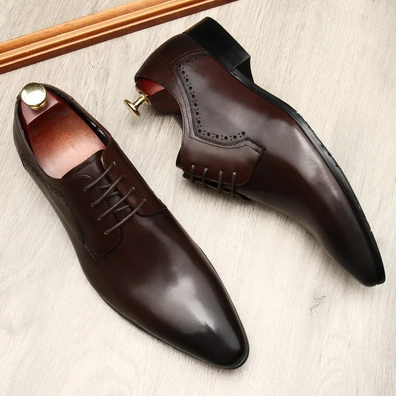 Leather shoes for men, lace up shoes for men, pointy, leather, high-end wedding, dress, Oxford, Lefu shoes, large, British style
