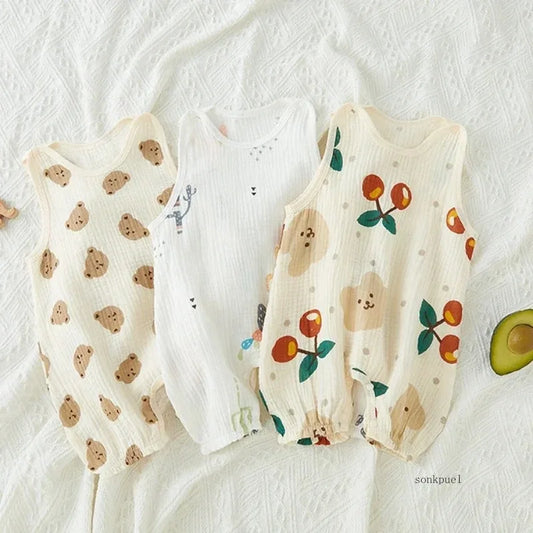 Summer Baby Girls Romper Cartoon Bear Newborn Jumpsuits Infant Sleeveless Muslin Clothing for Boys Printed Outfits