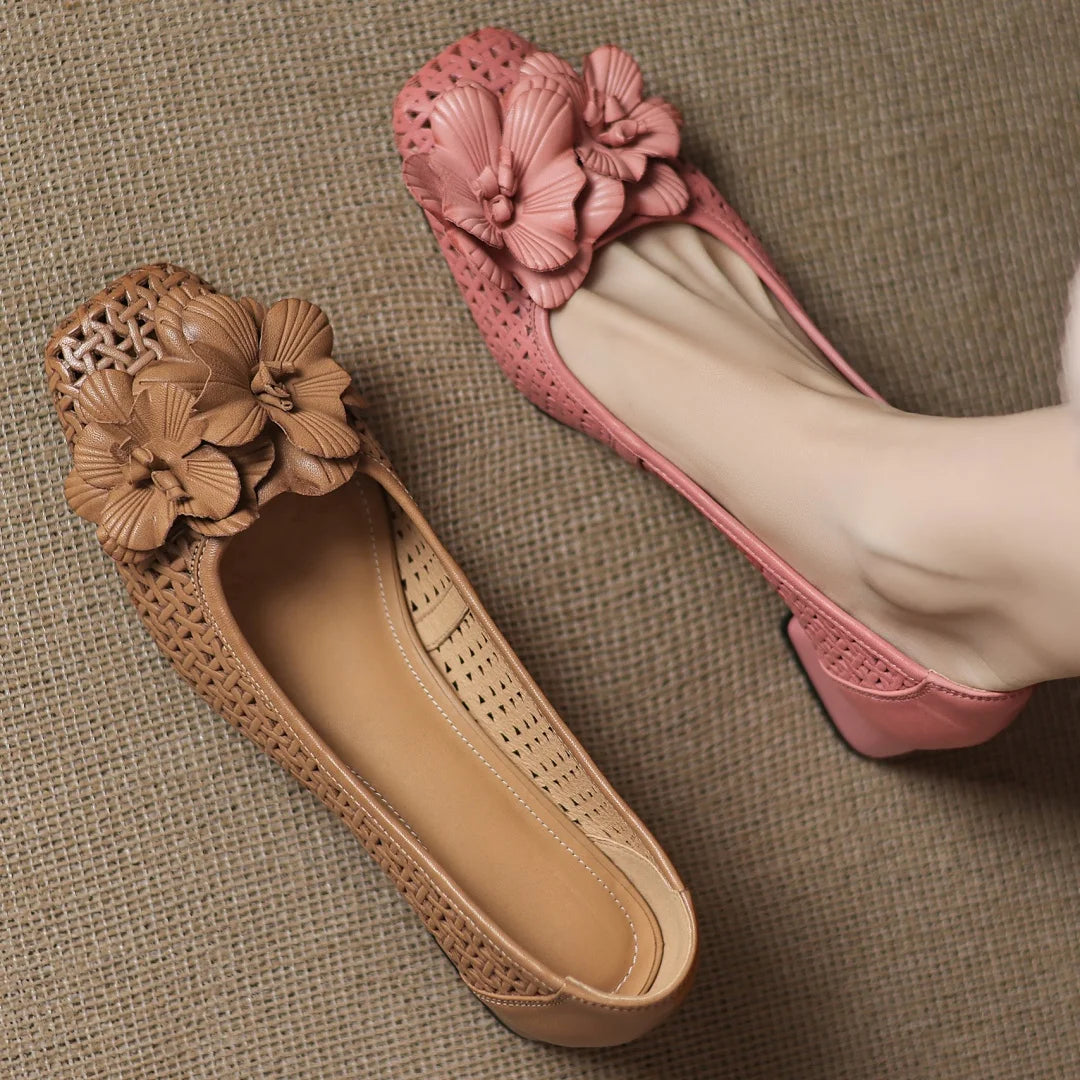 Plus size 41 women's hollow-out sheepskin square toe slip-on pumps 4cm thick med heel elegant ladies flower summer heels sandals