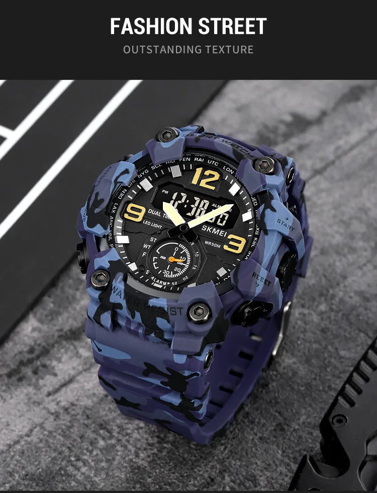 Skmei Men's Military Sport's Wristwatch Fashion Big Size Dial Quartz Analog Three Time Zone Male Led Waterproof Stop Watches