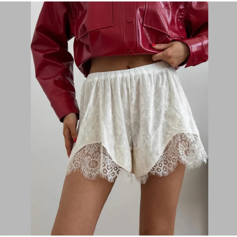 Green Velvet Lace Trim Shorts Women's Casual High-waist Straight Short Pants 2026 New Ladies Summer Vacation Beach Outfit
