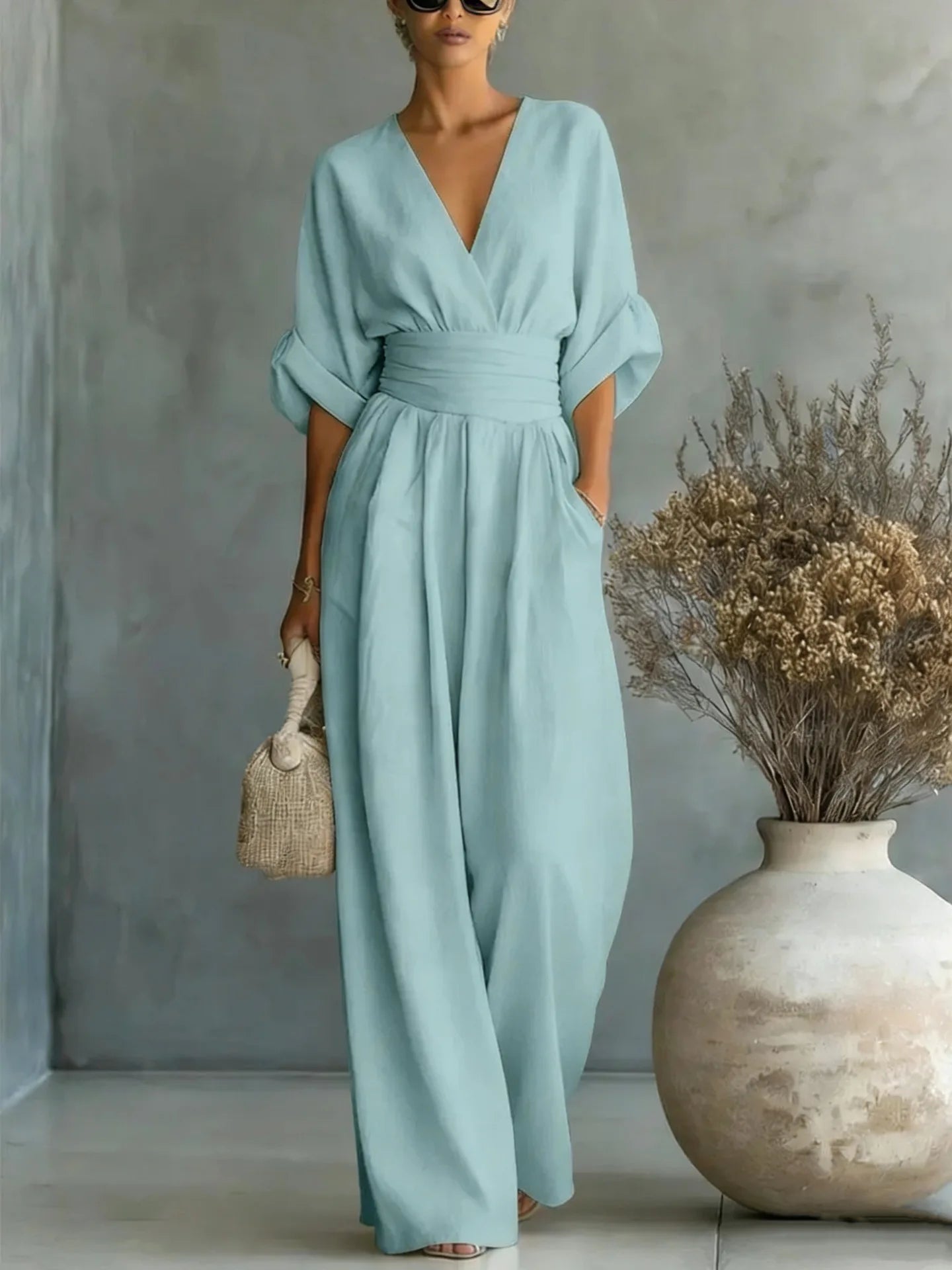 Elegant Solid Jumpsuits Women Shrot Sleeve V Neck Jumpsuit Trousers Wide Leg Pants Rompers Loose Style Belted Leotard Overalls